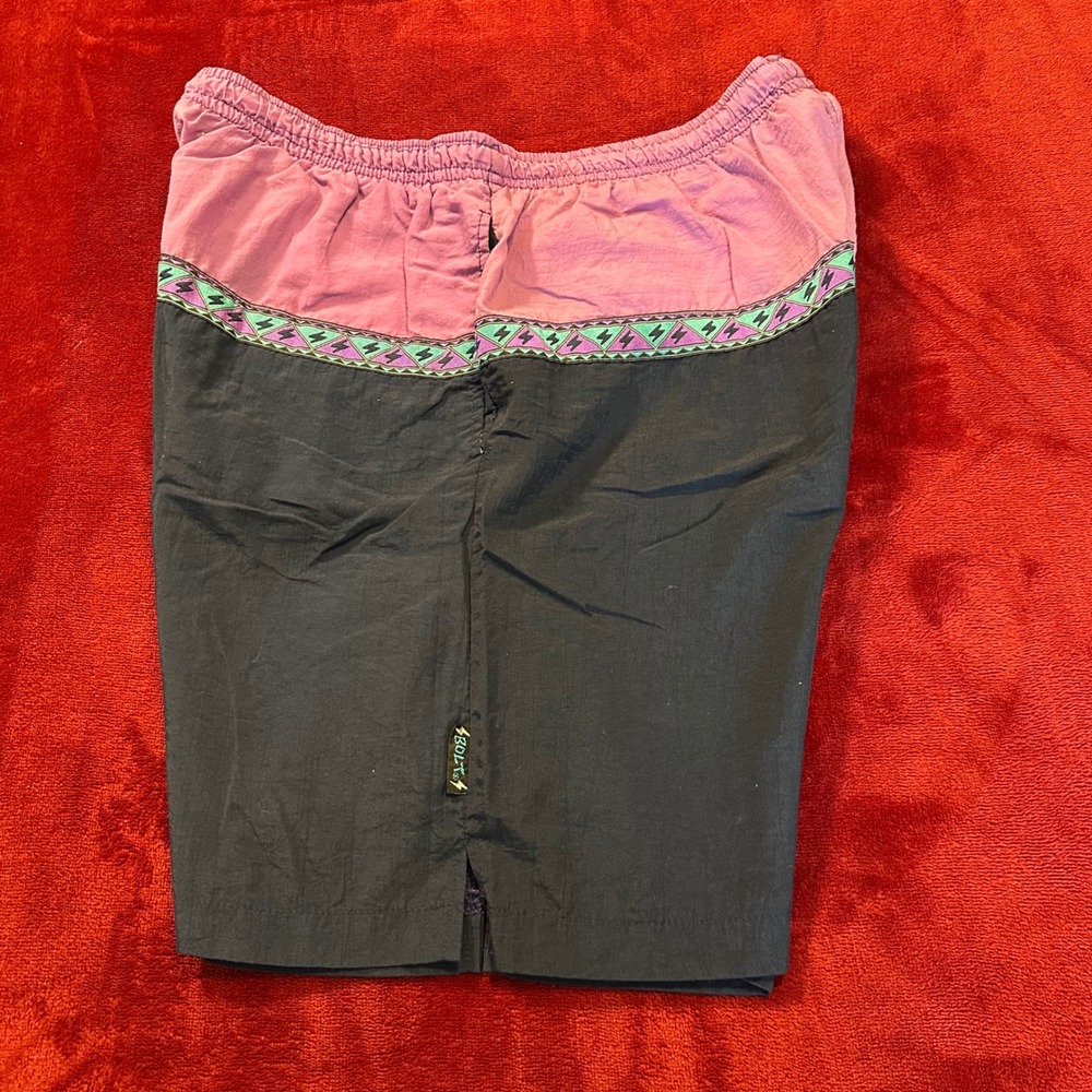 Vintage Lightning Bolt Mens‎ Purple Black Colorblock Nylon Swim Trunks Shorts M